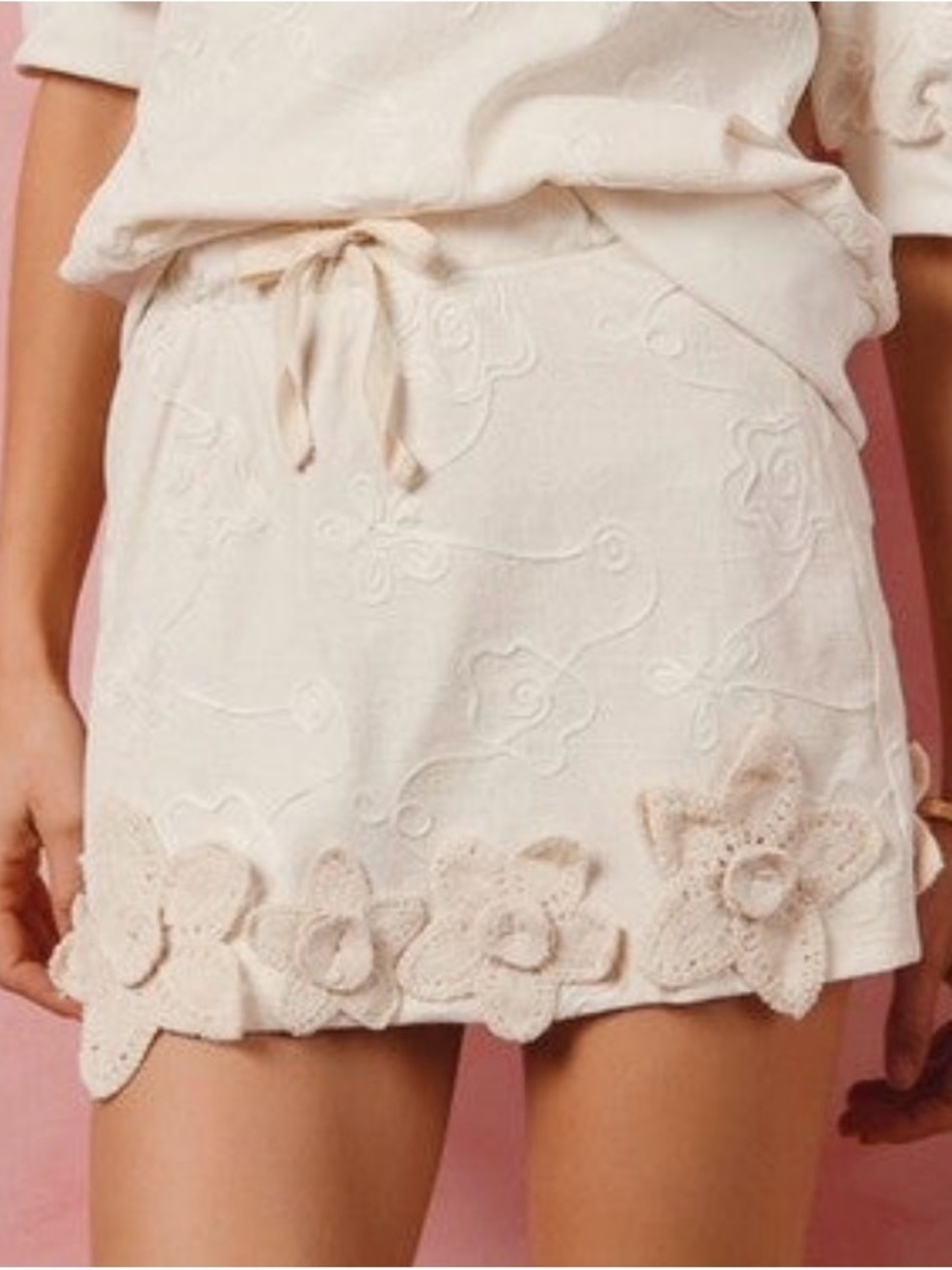 So Me Cream Embroidered Mini Skirt with 3D Floral Hem - Picture 2 of 2